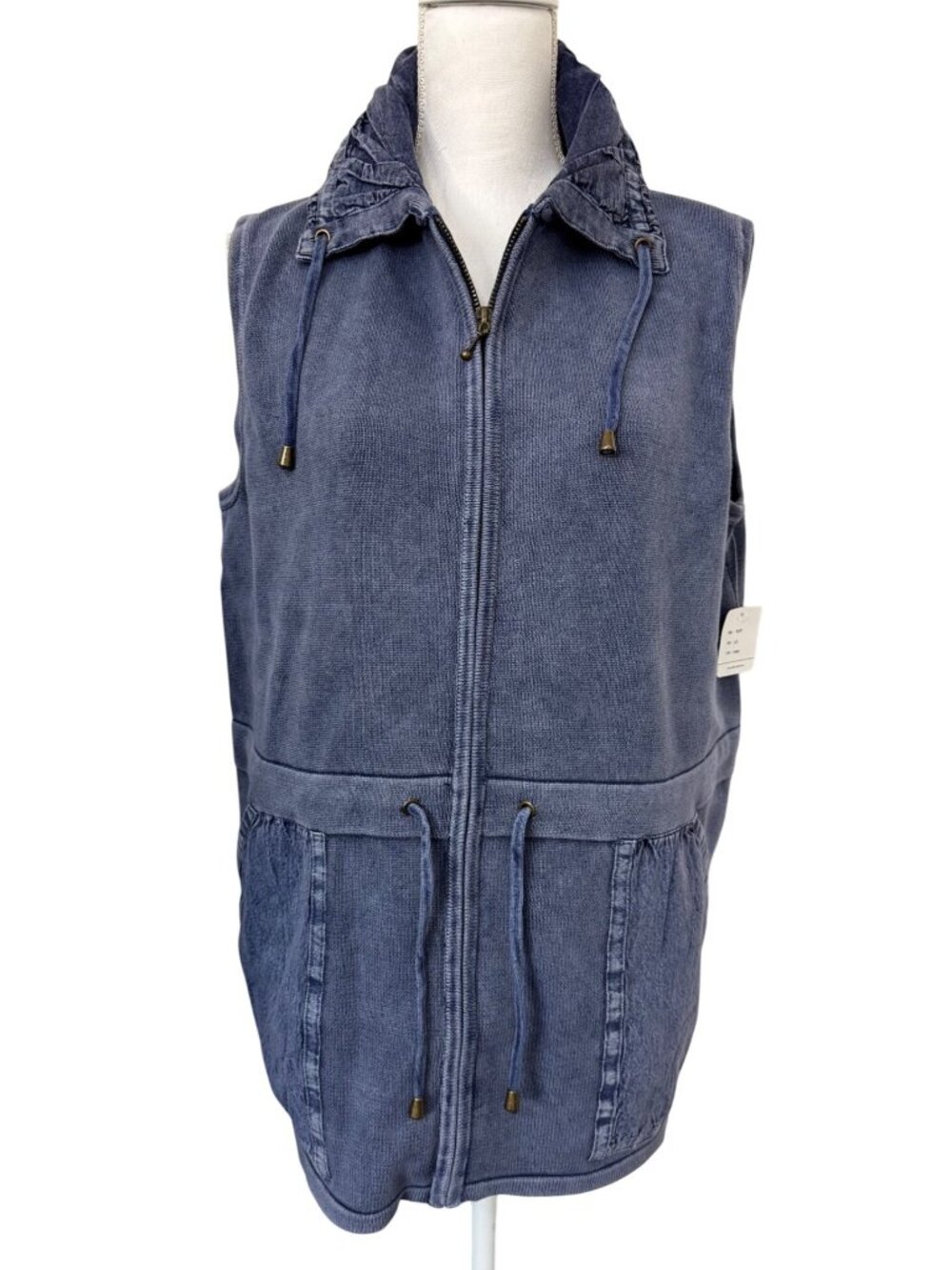 PBJ Draw String L Indigo Hooded Vest Cotton Zip Front Y2K Beach Comfort Denim